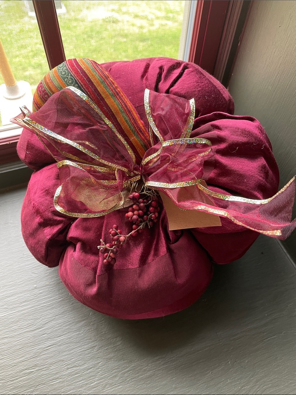 Decorative Burgundy Fabric Pumpkin with Ribbon Accent